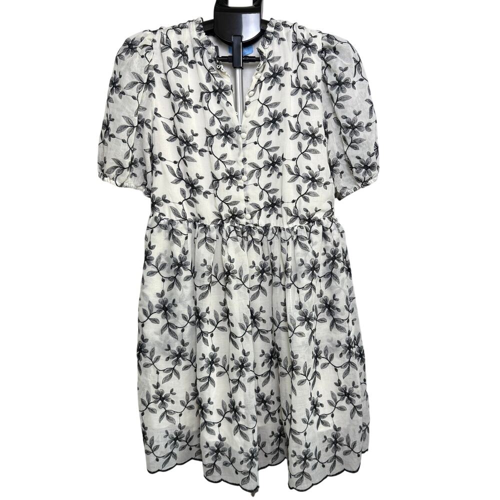 DRAPER JAMES Puff Sleeve Floral Embroidered Mini White Black Scalloped Hem Sz M